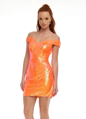 Ashley Lauren 4445 Neon Orange Cocktail Dress Off the Shoulder Petite Sequins size 8, 12