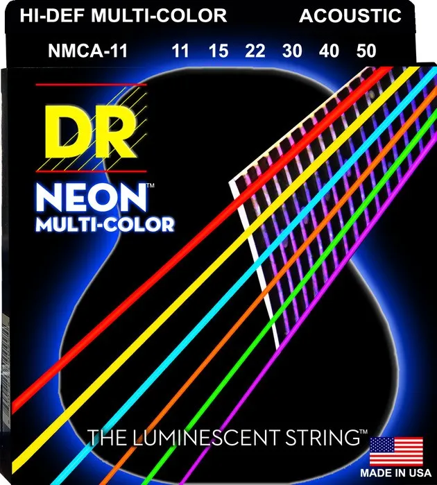 DR Handmade Strings NMCA-11 Neon Multi-color Coated Acoustic Guitar String - Custom Light (11-50)