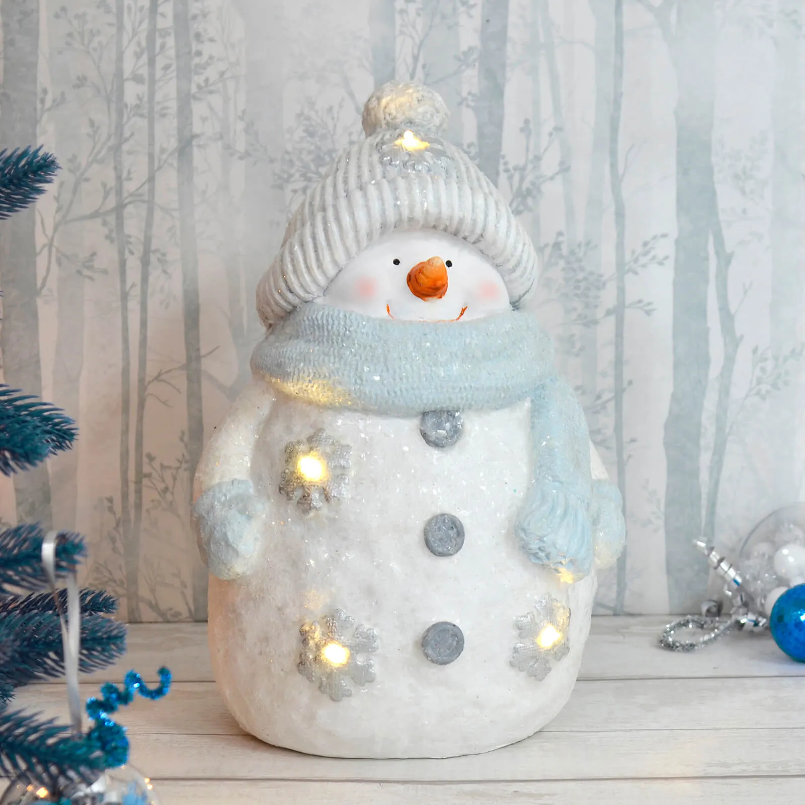 Light Up Christmas Decoration Ceramic White Blue Glitter Figure 37cm