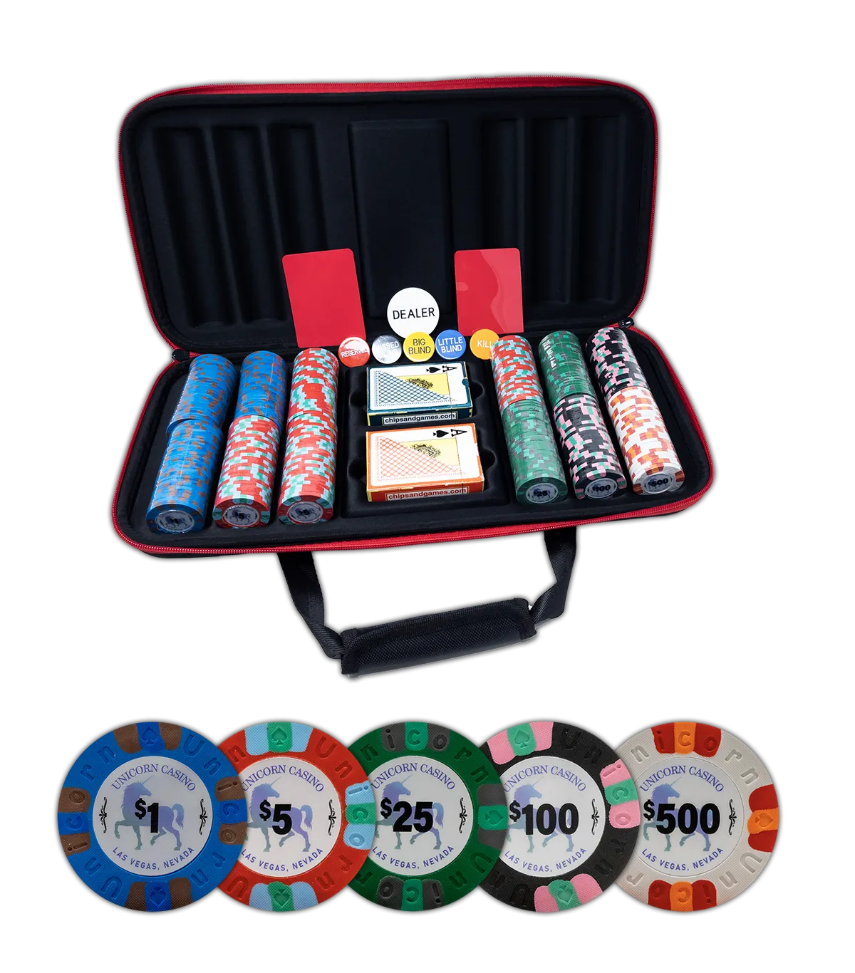 Unicorn Casino clay poker chips set with plastic playing cards in black soft shell case - 300 chips