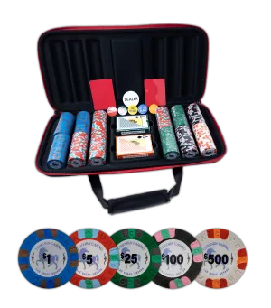 Unicorn Casino clay poker chips set with plastic playing cards in black soft shell case - 300 chips